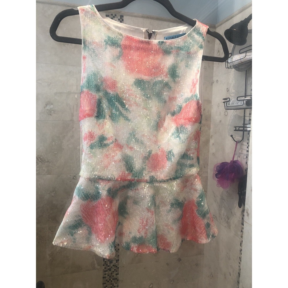 ALICE+OLIVIA "Rosie" Abstract Garden Sequined Silk Lined Peplum Top $385 Xs
